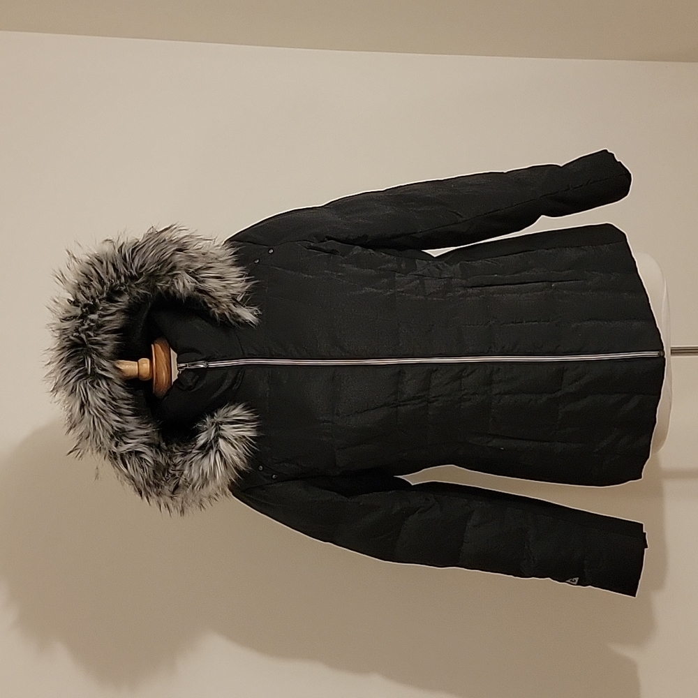 EUC GERRY Shimmer Black Quilted Ski Jacket with Faux Fur Detachable Hood SZ:L